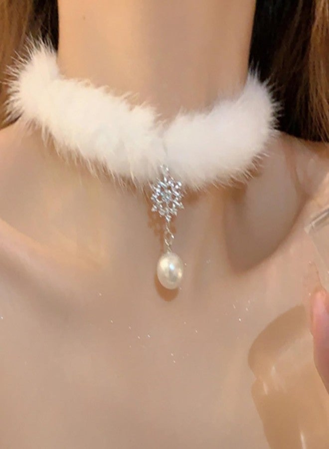 Aktully Snowflake Choker Necklace for Women Christmas Necklaces Fluffy Pom Pom Snowflake Pearl Pendant Choker for Women Winter Jewelry Gift (White) - Image 2
